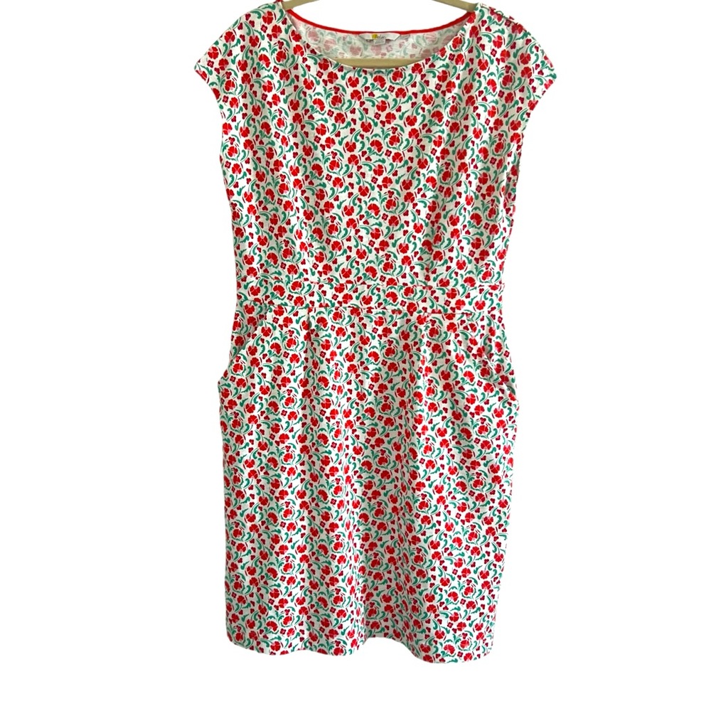 Boden White Midi Dress with Red and Green Floral Print